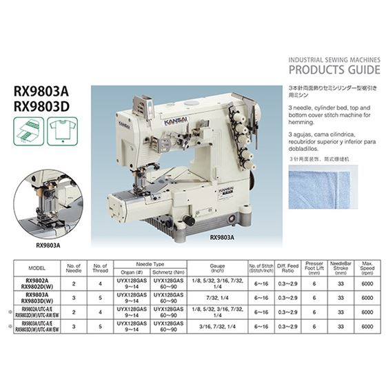 RX SERIES Cylinder Bed Coverstitch Sewing Machines RX9803A/RX9803D
